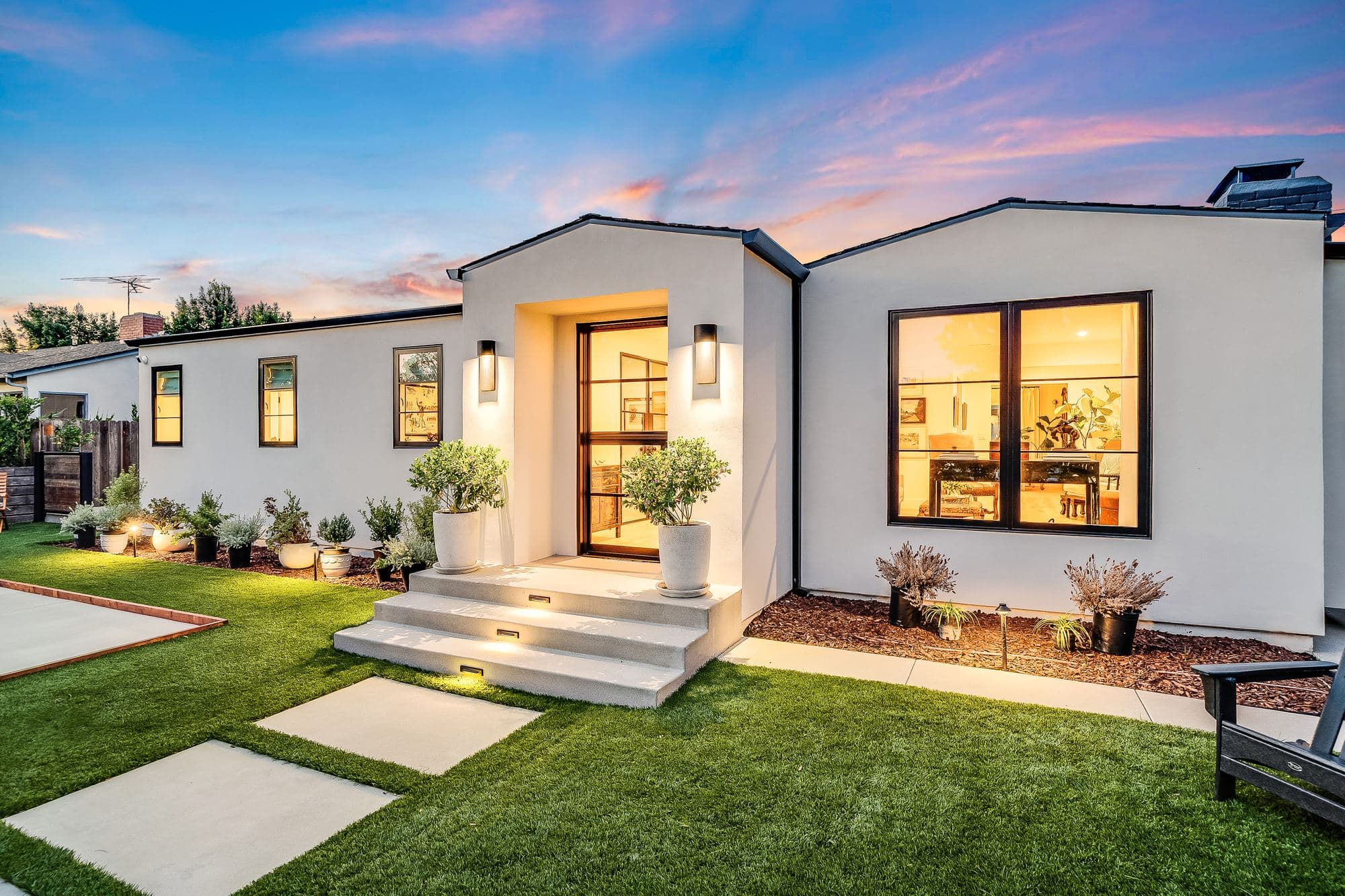 Twilight exterior of an East Side Costa Mesa addition